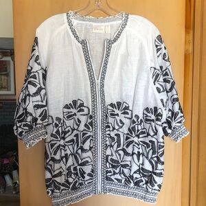 Chico's White Linen Top with Black Floral Embroidery